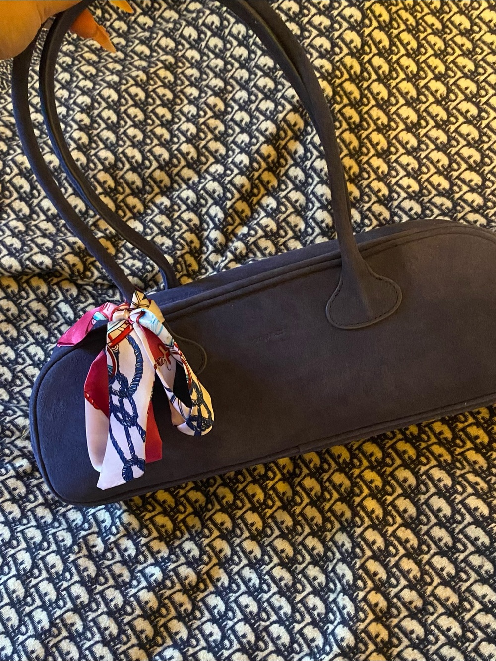 Navy Suede Shoulder Bag with Decorative Scarf